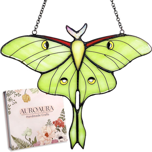 Green Luna Moth Stained Glass Window Hanging - Handmade Real Glass Suncatcher for Women, Mom, Grandma - Elegant Green Butterfly Gifts Box Home Decor (H5.8xW7.3 Inch)