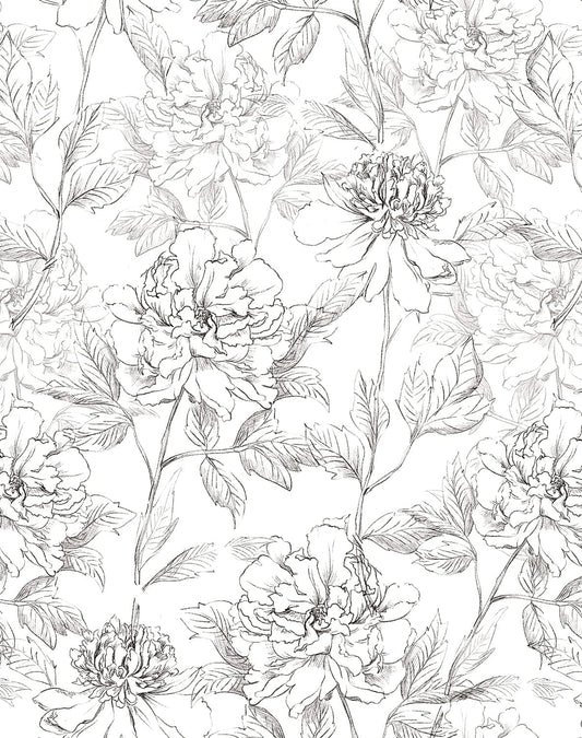 Floral Wallpaper Black & White Peel and Stick Vintage Peony Wall Paper Sketched Floral Self-Adhesive Prepasted Wall Decor Contact Paper Covering 30sq.ft 17.3" X 236.22"