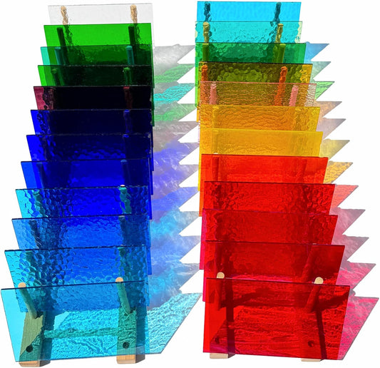 ILLUCKAI 24 Sheets Transparent Stained Glass Sheets Variety Pack, 4 X 6 inch Cathedral Art Glass Mosaic Tiles for Home Decor, Stained Glass Supplies for Projects and Crafts