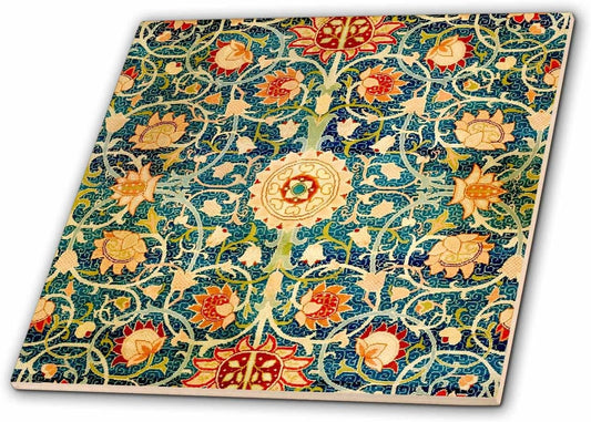 8 Inch Ceramic Tile - William Morris Blue Coral Orange Floral Pattern Flower Kaleidoscope Vintage Art