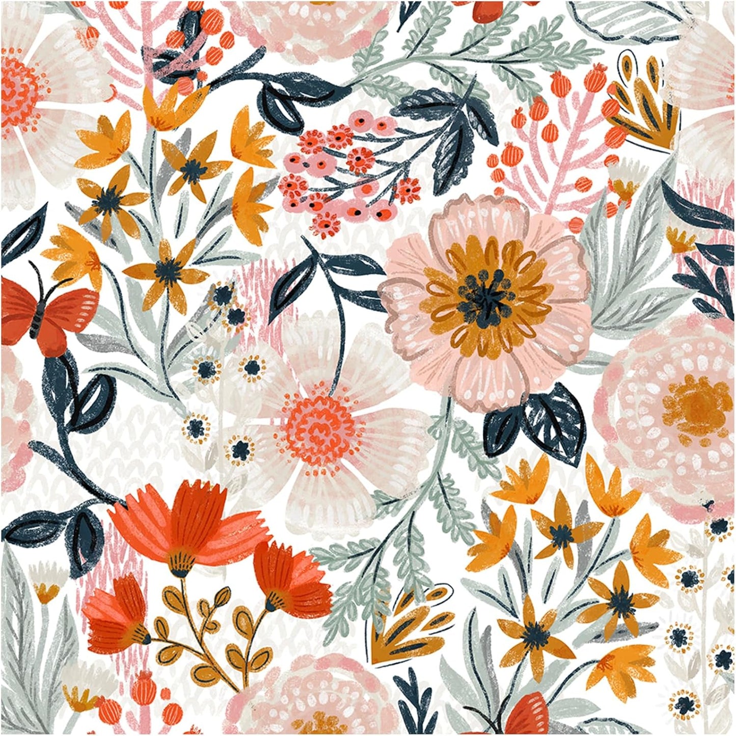 HAOKHOME Boho Peel and Stick Wallpaper Floral Wall Paper Removable for Bedroom Navy/Pink/Orange Contact Paper 17.3in x 32.8ft