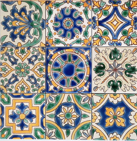 DYARI Set of 9 Decorative Ceramic Tiles Hand Painted Indoor & Outdoor Floor – Spanish Artisan Tile Top Kitchen –Mediterranean Decorative Tiles 10x10cm/One Tile – Durable Colorful Floor Tiles 140g each