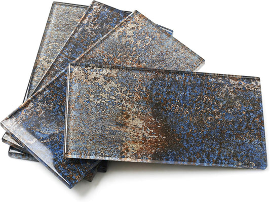 Blujellyfish Glass Subway Tile 3x6 Inch Antique Blue Tiles for Kitchen Backsplash Bathroom Accent Wall Glass Mosaic Tile (Pack of 20)