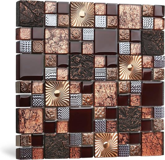 Blujellyfish Red Wine Colors Glass Tile 2'' x 2'' Leaf Carving Imprints Antique Mosaics Textured Rose Gold Metal Kitchen Bathroom Walls Backsplash Tiles (Pack of 5 Square Feet)