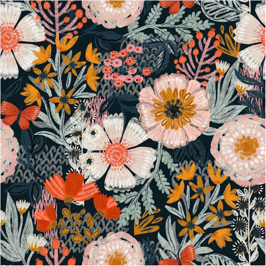 HAOKHOME Boho Peel and Stick Wallpaper Floral Wall Paper Removable for Bedroom Navy/Pink/Orange Contact Paper 17.3in x 32.8ft
